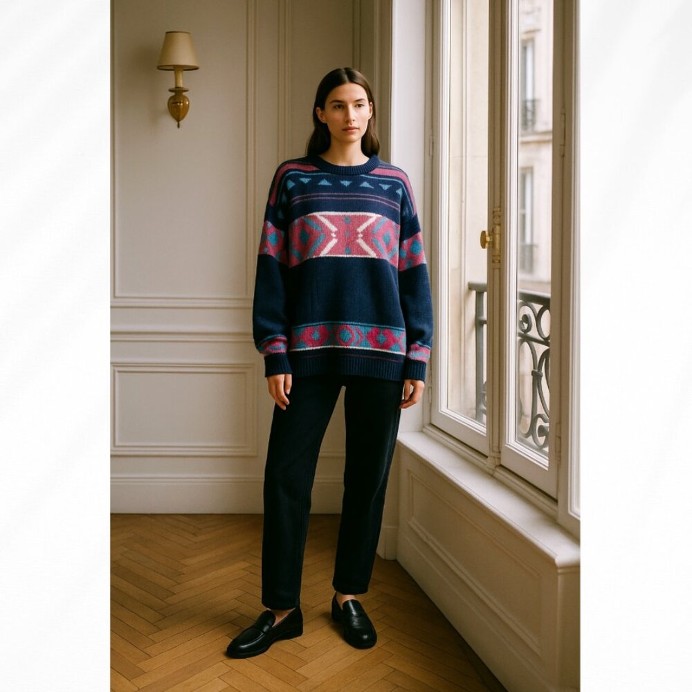 ☀️ VINTAGE Tribal Navy Blue Aztec Sweater Medium Casual Fall Holiday Boho Indie